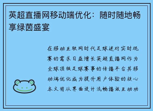 英超直播网移动端优化：随时随地畅享绿茵盛宴